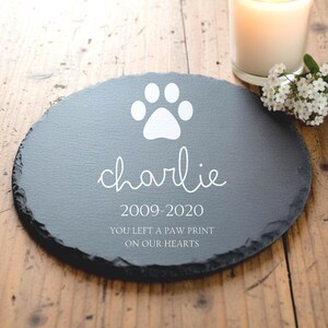 Custom photo-engraved pet memorial stone crafted from natural slate. Add your pet’s photo, name, and dates for a lasting outdoor remembrance gift.
