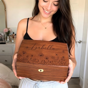 Jewelry Box for Women Personalized Engraved Wooden Floral Keepsake with Lock