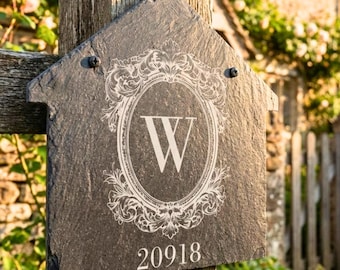 House Number Sign Custom Slate Address Plaque Outdoor Engraved Home Number and Family Name Door Sign
