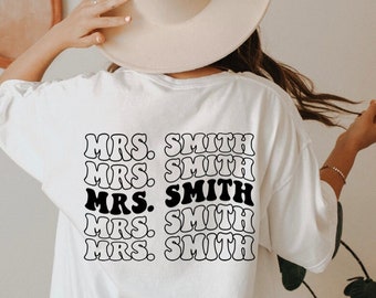 Custom Bride Personalized Mrs Tshirt, Bachelorette Party Gift, Trendy Wife Engagement Shirt, Custom Last Name Honeymoon Tee