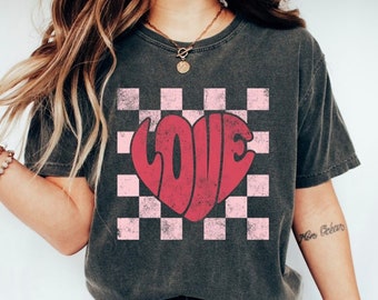 Retro Love Shirt, Boho Love Shirt, Valentines Day Gift, checker heart tee, Heart Love Shirt, womens Valentines graphic Tee, Cute Love Shirt