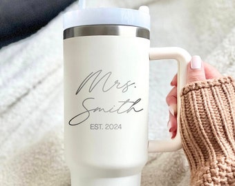 Personalized 40oz Mrs. Tumbler With Handle, Cute Bride Tumbler, mrs engaged gift, Laser Engraved Cup, Engagement gift, Gifts for Her