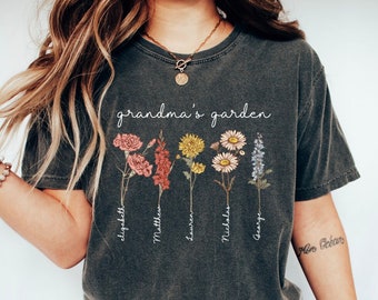 Personalized Grandma's Garden Shirt with Kids Birth Month Flowers - Mother's Day Gift for Mom, Grandma - Custom Birth Flower Tee for Mama