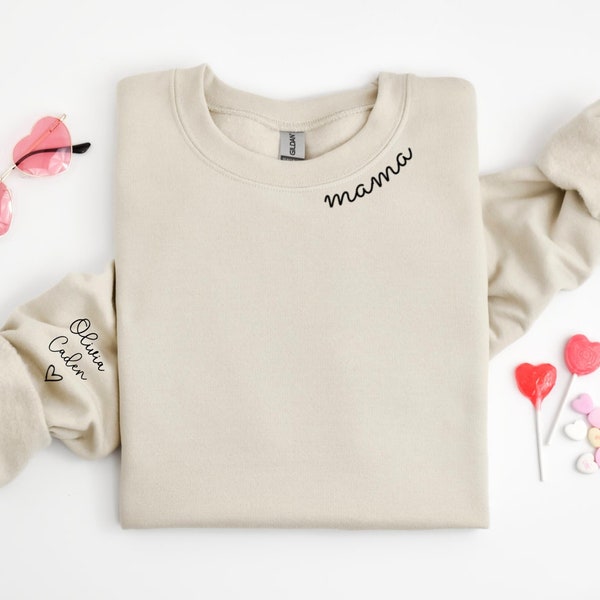 Custom Mama collar Sweatshirt with Kid Name on Sleeve, Valentine Gift for Mom, Personalized Mom Sweater, Heart Love Shirt, cute Gift for Her