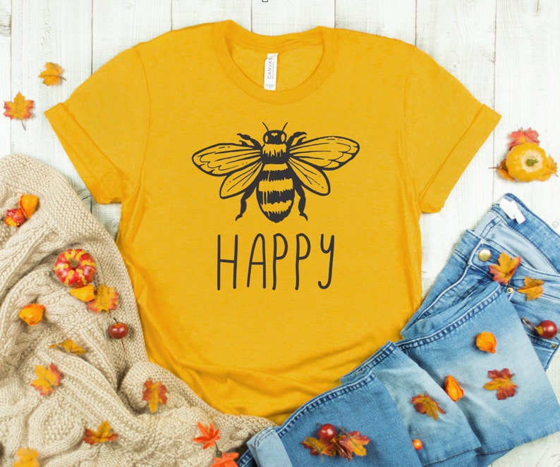 Womens fall shirt Bee Happy Shirt Mustard Color Bee shirt image 0