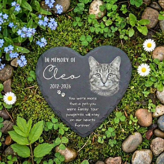 Cat Memorial Stone Personalized Pet Grave Marker Heart Shaped Garden Stone Engraved Photo Cat Loss Sympathy Gift