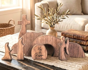 Custom Wooden Resurrection Scene - Jesus Empty Tomb & Cross Easter Decor Set He Is Risen Christian Decoration