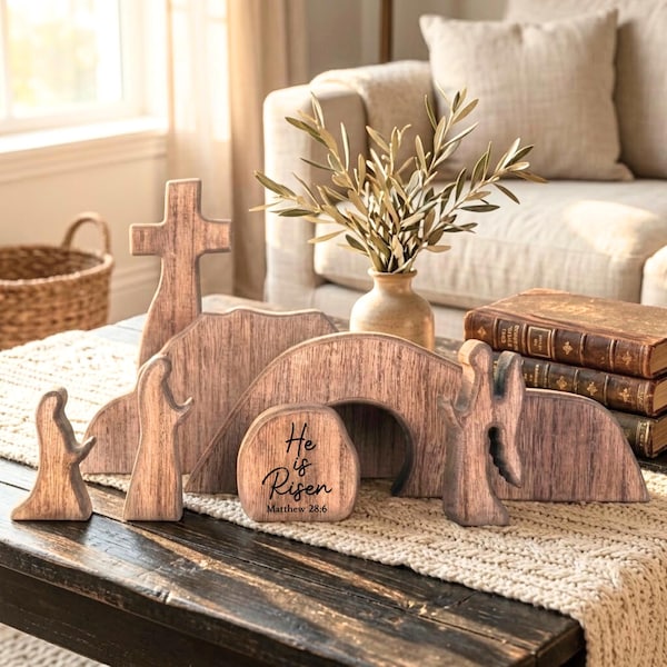 Scène de résurrection en bois personnalisée - Ensemble de décorations de Pâques tombe vide et croix de Jésus Décoration chrétienne Il est ressuscité