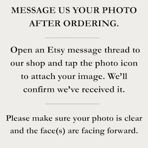 May include: Text on a light beige background reads: "MESSAGE US YOUR PHOTO AFTER ORDERING." Instructions follow on how to send a photo via Etsy messages, emphasizing clarity and forward-facing faces.