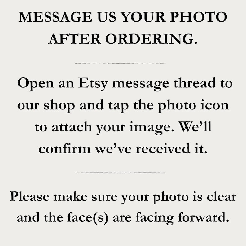 May include: Text on a light beige background reads: "MESSAGE US YOUR PHOTO AFTER ORDERING." Instructions follow on how to send a photo via Etsy messages, emphasizing clarity and forward-facing faces.