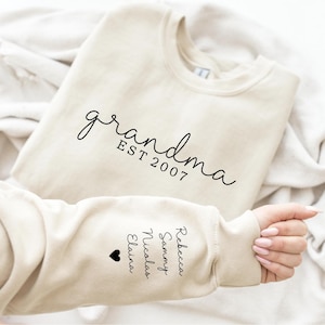 Custom Grandma Sweatshirt with Names on Sleeve, Personalized Mom shirt, Cute Mama Sweater, Christmas Gift for Nana, Gigi Gift for Her