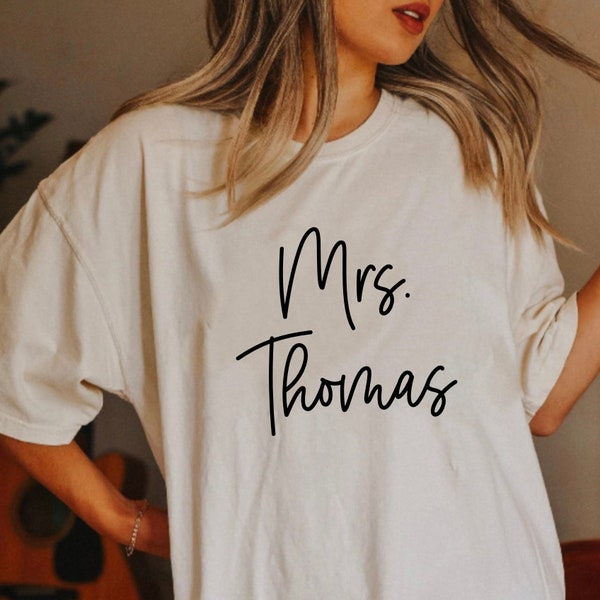 Mrs. Bride T-shirt, Custom Text T-Shirt, Oversized Sleep Shirt, Personalized Bride Gift, Wedding Engagement Shirt, Bachelorette Party Tee