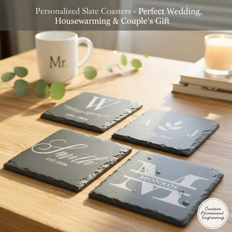 Personalized Slate Coasters – Engraved Family Name Monogram Home Bar ...