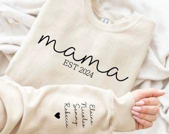 Custom Mama Sweatshirt with Kid Name on Sleeve, Mother Day Gift for Mom, mama est 2024, Personalized Mom Sweatshirt, Momma Gift for Her