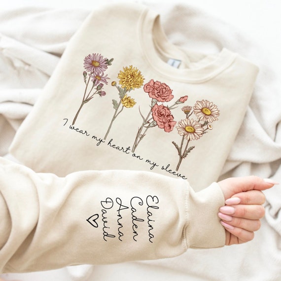 I Wear My Heart on My Sleeve Sweatshirt Christmas Gift for Grandma Custom Birth Month Flower Shirt Mimi Sweatshirt Nana Sweater Etsy