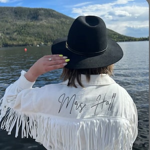 White Fringe Mrs Personalized Denim Jacket, Custom Bride Jean Jacket, Wedding Jacket, Bridal Engagement Gift, Cowgirl Nashville Bachelorette image 10