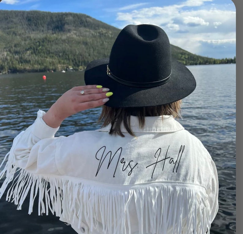 White Fringe Mrs Personalized Denim Jacket, Custom Bride Jean Jacket, Wedding Jacket, Bridal Engagement Gift, Cowgirl Nashville Bachelorette image 10