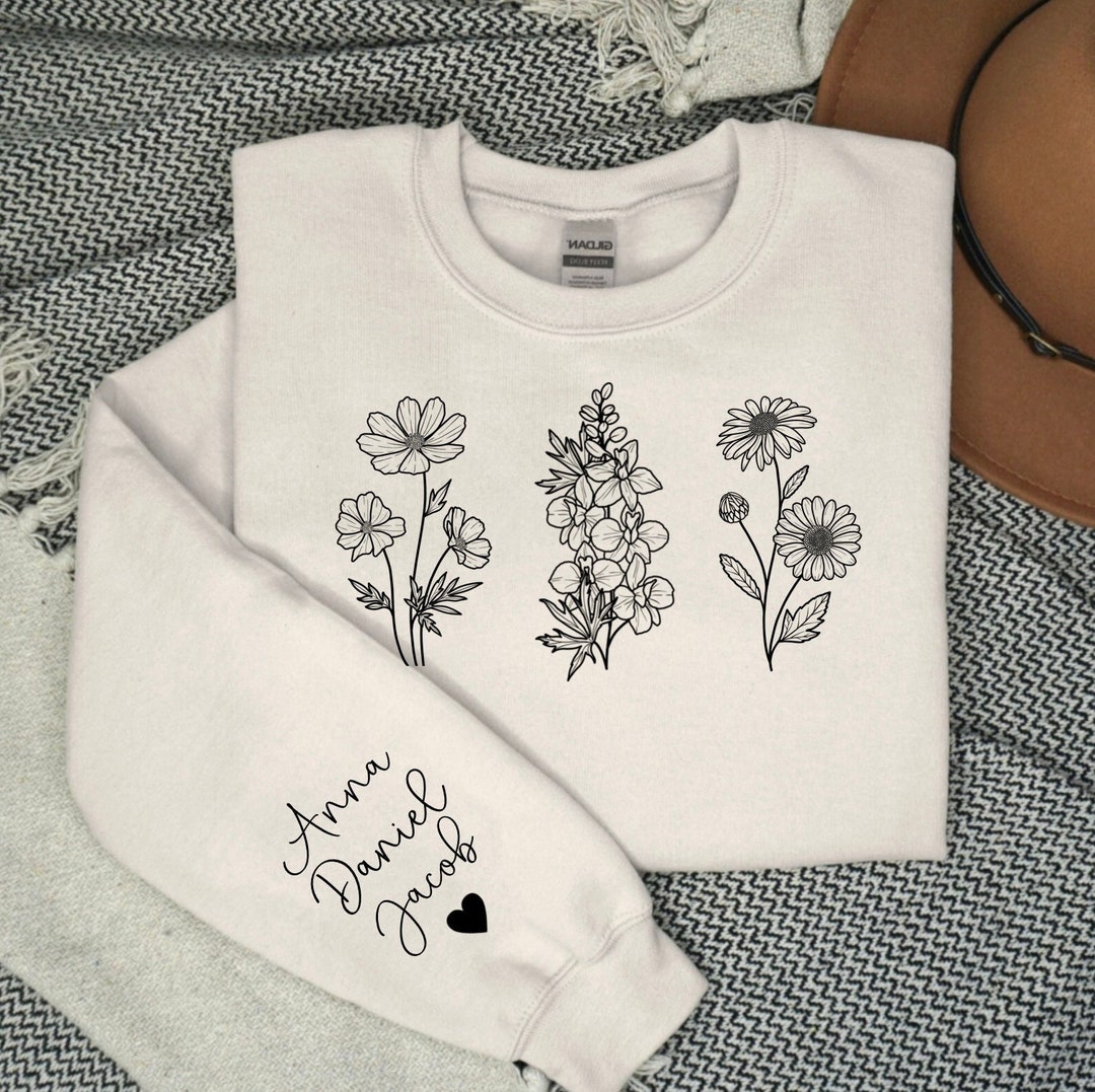 Mama Sweatshirt With Birth Month Flowers Names on Sleeve, Personalized ...