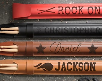 Personalized Drumstick Case - Custom Engraved Leather Drum Stick Bag & Holder Monogram Gift for Drummer