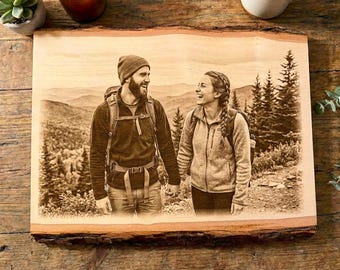 Custom Photo Engraved on Wood Slice - Personalized Portrait Plaque Wedding Anniversary Gift Memorial Keepsake Live Edge Slab