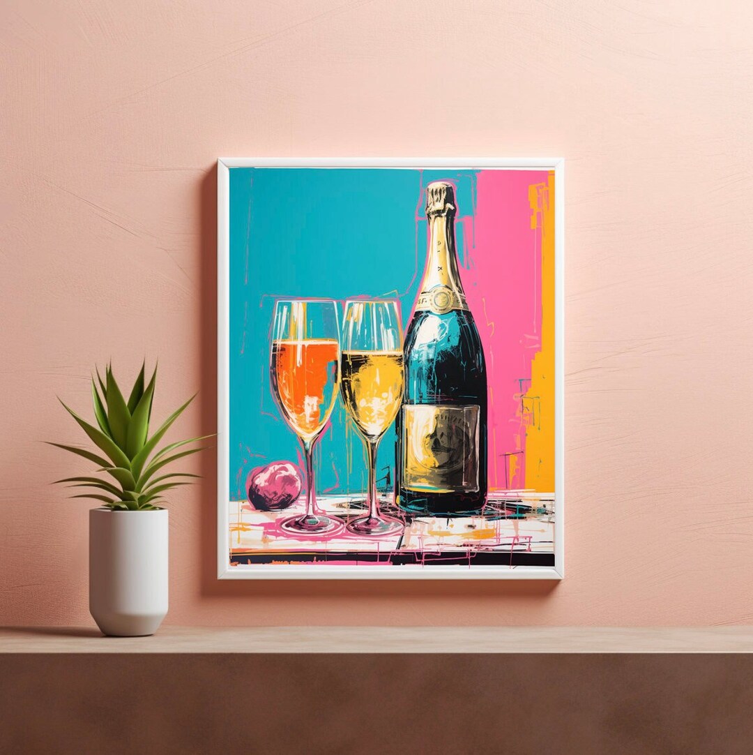 Retro Cocktail Bar Cart Art, Champagne Bar Cart Prints, Housewarming