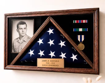 Burial Flag Display Case Personalized Veteran Memorial Shadow Box for 5x9.5 Flag and Medals