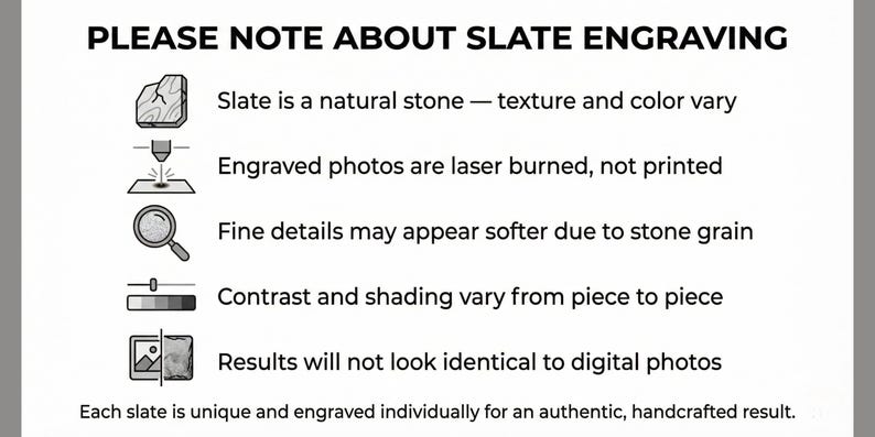 May include: Image with text: "PLEASE NOTE ABOUT SLATE ENGRAVING." The text explains that slate is a natural stone, engraved photos are laser burned, fine details may appear softer, and results differ from digital photos.