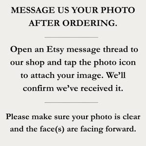 May include: Text on a cream-colored background reads: "MESSAGE US YOUR PHOTO AFTER ORDERING." Instructions follow on how to send a photo via Etsy message, emphasizing clarity and forward-facing faces.