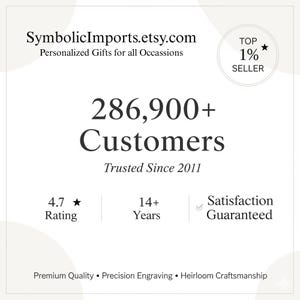 May include: White graphic with the text "SymbolicImports.etsy.com" and "Personalized Gifts for all Occasions". It also includes "Top 1% Seller", "286,900+ Customers", "Trusted Since 2011", a 4.7-star rating, and "Satisfaction Guaranteed".