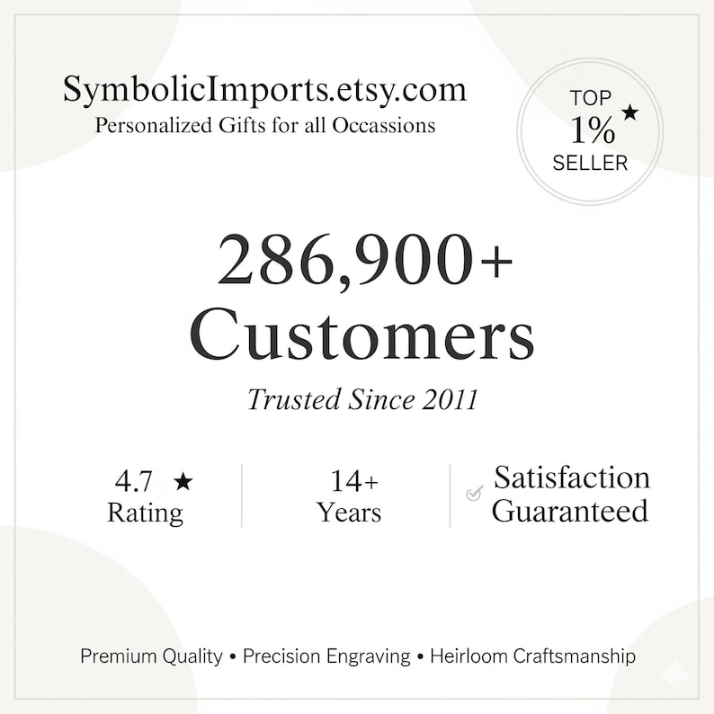 May include: White graphic with the text "SymbolicImports.etsy.com" and "Personalized Gifts for all Occasions". It also includes "Top 1% Seller", "286,900+ Customers", "Trusted Since 2011", a 4.7-star rating, and "Satisfaction Guaranteed".
