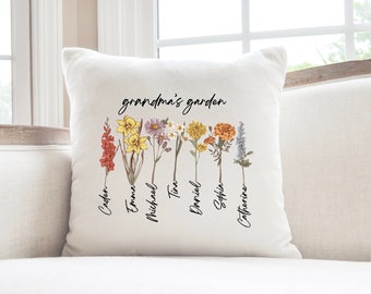 Custom Birth Month Flower Pillow Cover - Personalized Grandma's Garden, Mother's Day Gift with Grandkids' Names for Grandmother, Nana, Gigi