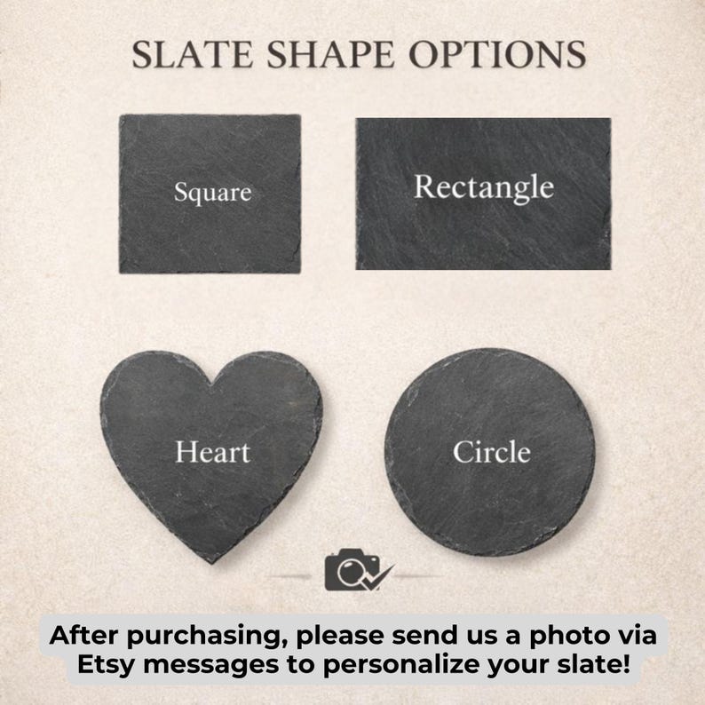 May include: Image showing four slate shape options: square, rectangle, heart, and circle. Each slate is dark gray with a textured surface. Text labels each shape. The text "SLATE SHAPE OPTIONS" is at the top. The text "After purchasing..." is at the bottom.