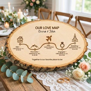 May include: A wooden, oval-shaped sign with a bark edge, engraved with a love map. The map includes dates and locations for key events. Text reads "OUR LOVE MAP Emma & John" and "Together is our favorite place to be."
