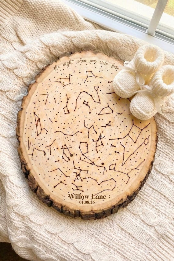 Laser-engraved wood star map of the exact night a baby was born — a nursery piece that tells a real story and lasts decades.