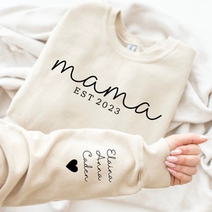Custom Mama Sweatshirt with Kid Name on Sleeve, Personalized Mom Sweatshirt, Minimalist Momma Sweater, Christmas Gift for Mom, Gift for Her
