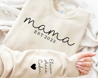 Custom Mama Sweatshirt with Kid Name on Sleeve, Personalized Mom Sweatshirt, Minimalist Momma Sweater, Christmas Gift for Mom, Gift for Her