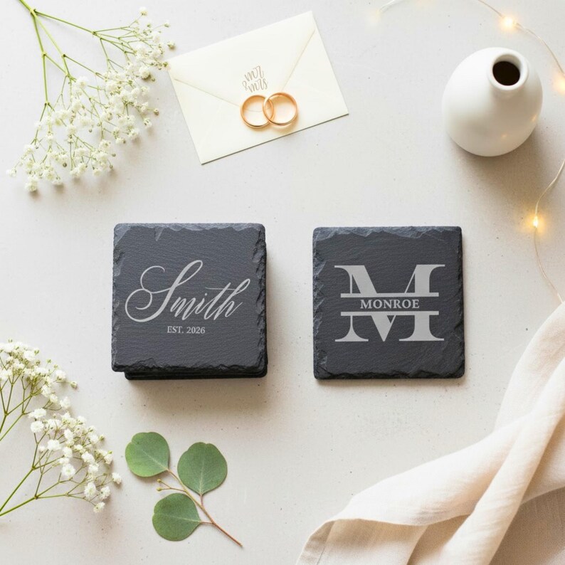 Personalized Wedding Slate Coasters – Engraved Family Name Monogram ...