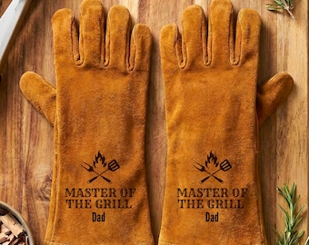 Grilling Gifts for Men Personalized Leather Grill Gloves BBQ Smoker Gift for Dad Husband Chef Cooking Oven Mitts