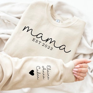 Custom Mama Sweatshirt with Kid Name on Sleeve, Personalized Mom Sweatshirt, Gift Momma Sweatshirt, Christmas Gift for Mom, Gift for Her image 1