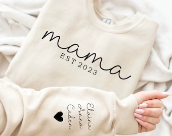 Custom Mama Sweatshirt with Kid Name on Sleeve, Personalized Mom Sweatshirt, Gift Momma Sweatshirt, Christmas Gift for Mom, Gift for Her