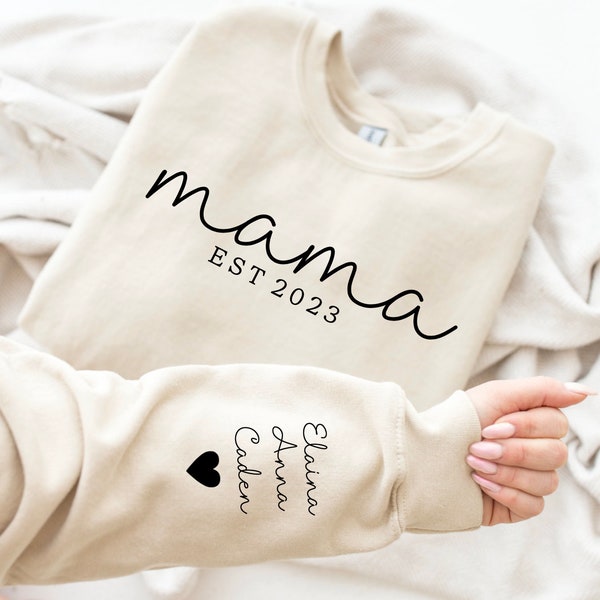 Personalisiertes Mama-Sweatshirt mit Kindernamen auf dem Ärmel, personalisiertes Mama-Sweatshirt, Geschenk-Mama-Sweatshirt, Weihnachtsgeschenk für Mama, Geschenk für Sie