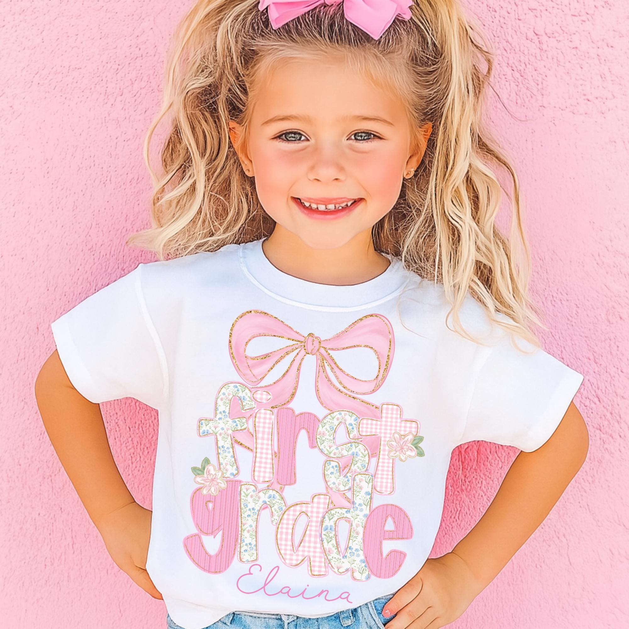 Custom Kids Name Back To School First Grade Shirt, Personalized Preppy 1st Grade Shirt for Girls, Elementary First Day Of School Outfit