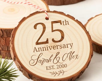 25th Anniversary Ornament – Custom Engraved Wood Wedding Keepsake Christmas Gift