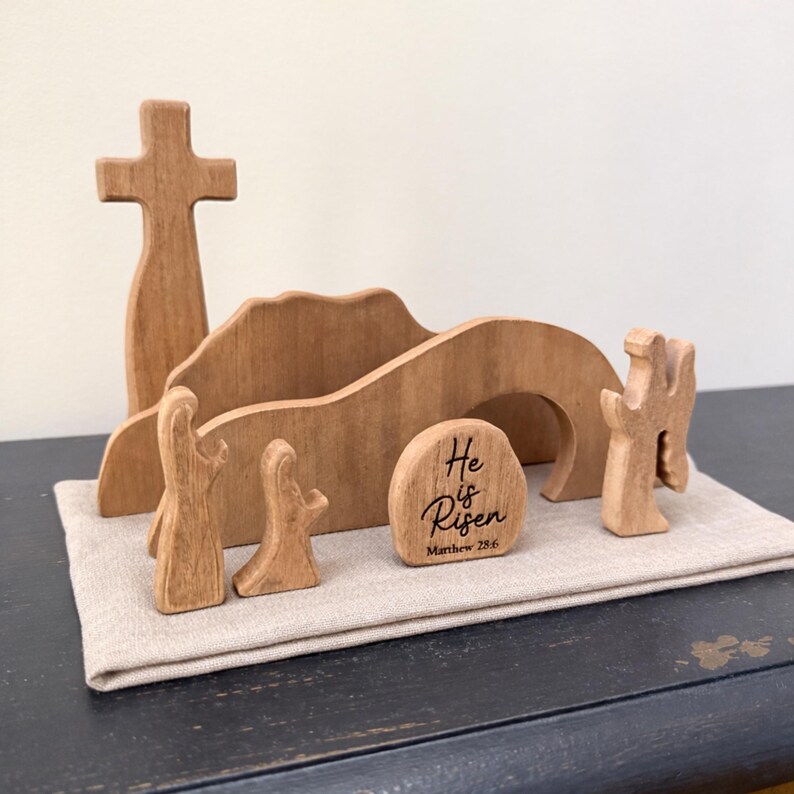 Custom Wooden Resurrection Scene - Jesus Empty Tomb & Cross Easter Decor Set He Is Risen Christian Decoration image 4