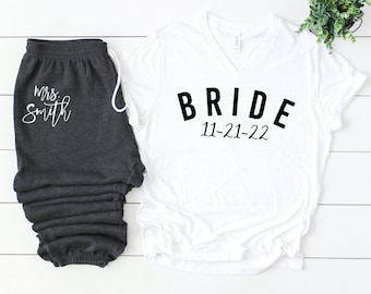Custom Bride Shirt, Bridal gift set, Bride Gift Box set, Personalized Bride Pajamas, bride pants, Bride Shower Wedding honeymoon gift