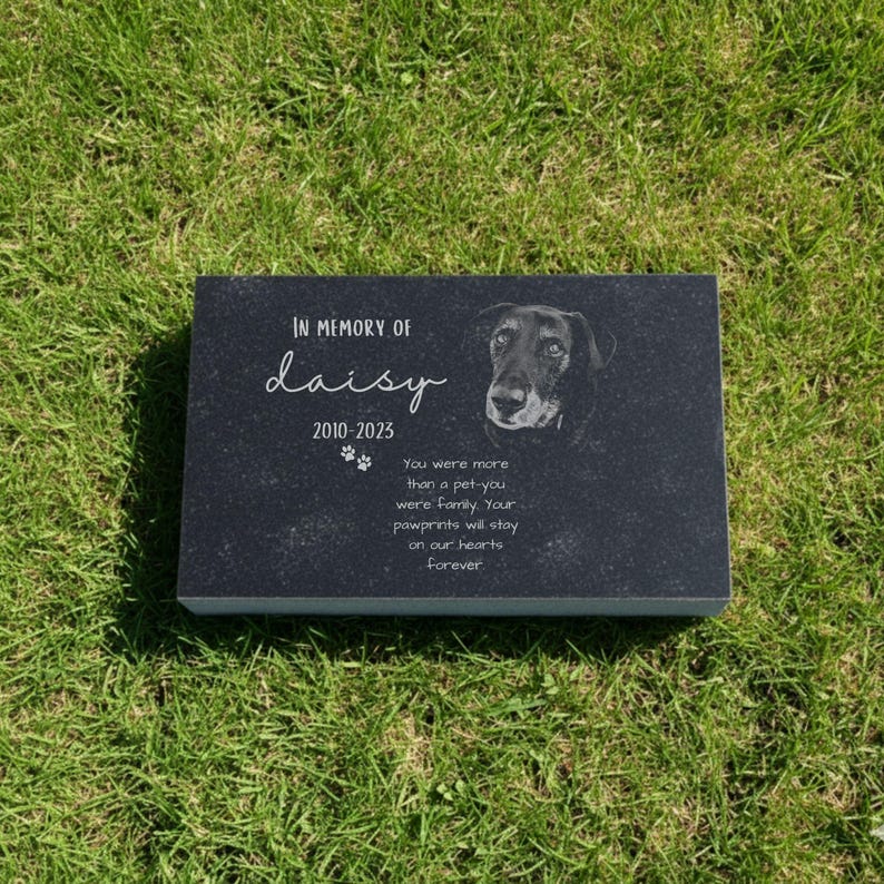 K&ouml;nnte beinhalten: Eine rechteckige Gedenktafel aus schwarzem Stein f&uuml;r Haustiere mit einem eingravierten Hundeportr&auml;t, dem Namen Daisy, den Jahren 2010-2023, zwei kleinen Pfotenabdr&uuml;cken und dem Text: In memory of than a pet-you were family. Your pawprints will stay.