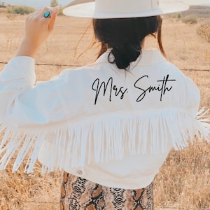 White Fringe Mrs Personalized Denim Jacket, Custom Bride Jean Jacket, Wedding Jacket, Bridal Engagement Gift, Cowgirl Nashville Bachelorette image 1