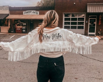 Bachelorette Cowgirl Disco Party Favor, Bride Fringe Jean Jacket, Nashville Party, Bachelorette Gift, Wedding Bridal Western Denim Jacket