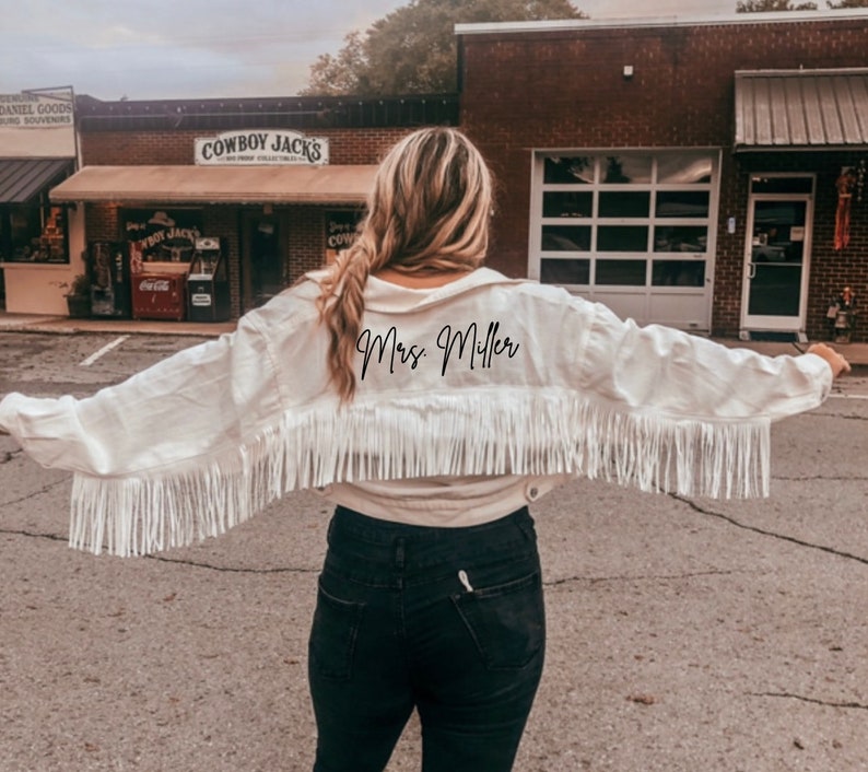 White Fringe Mrs Personalized Denim Jacket, Custom Bride Jean Jacket, Wedding Jacket, Bridal Engagement Gift, Cowgirl Nashville Bachelorette image 2