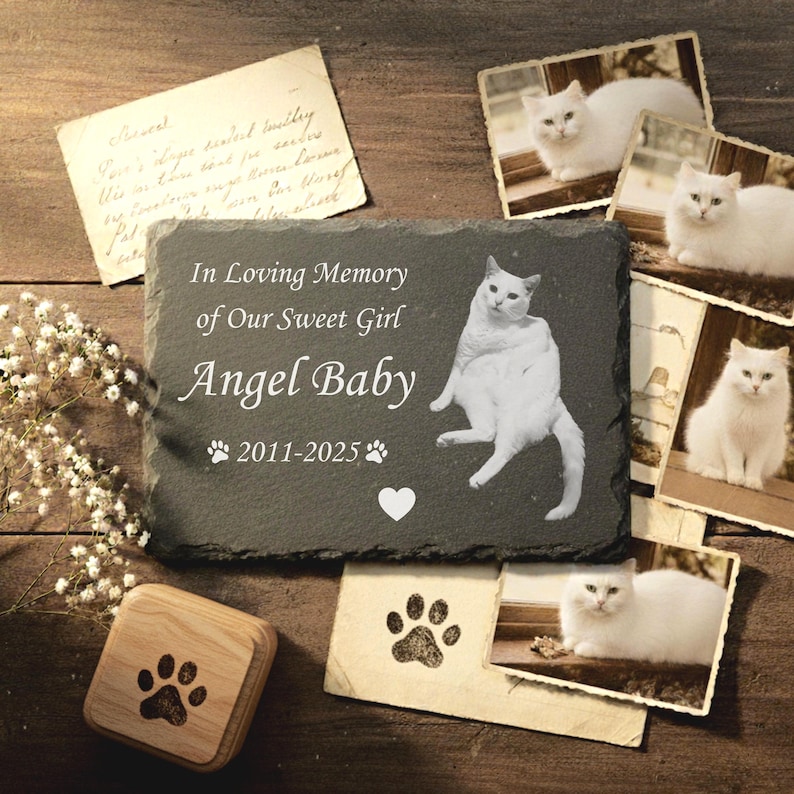 Personalized pet memorial stone engraved with photo and name of a white cat, text reading “In Loving Memory of Our Sweet Girl Angel Baby 2011-2025,” displayed on rustic wood background with vintage photos and paw prints.